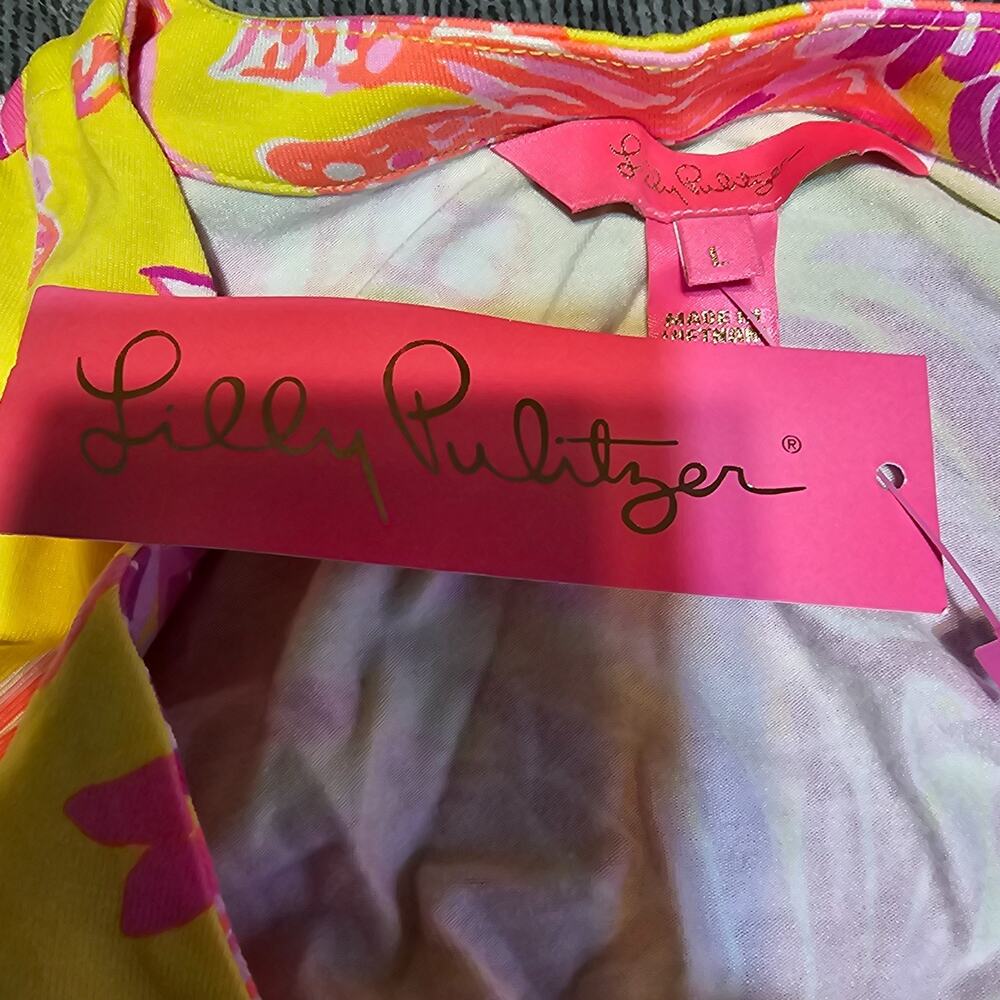 Lilly Pulitzer Folly Floral Wrap Dress Calla Yellow Floral Coral Sleeveless Sz L - Picture 5 of 12